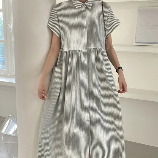 Summer Vintage Striped Single Breasted Women's Shirt Dresses 2024 New Korean Casual Straight Dress Pockets Female