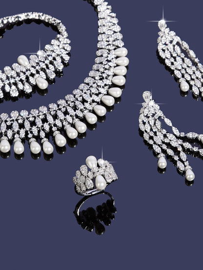 2025 New 4-piece Cubic Zirconia With Pealr Tassel African Blue Bridal Jewelry Set Dubai Necklace Set Women's Wedding Party