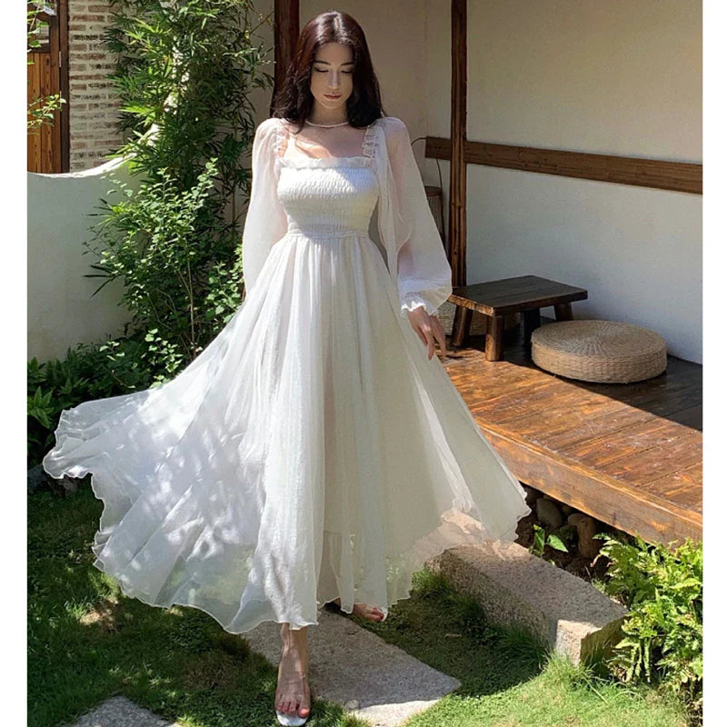 Elegant Maxi Dresses For Women White Off Shoulder Puff Long Sleeve Elastic High Waist Party Gown Ruffle Holiday Dress