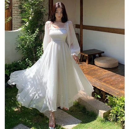 Elegant Maxi Dresses For Women White Off Shoulder Puff Long Sleeve Elastic High Waist Party Gown Ruffle Holiday Dress