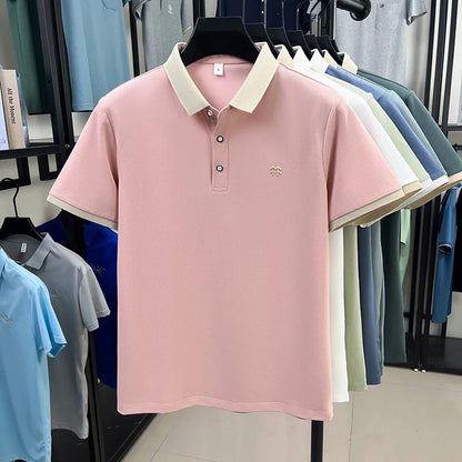 Designer brand silk cotton short sleeve polo shirt summer new Korean casual men's T-shirt fashion embossed soft breathable top