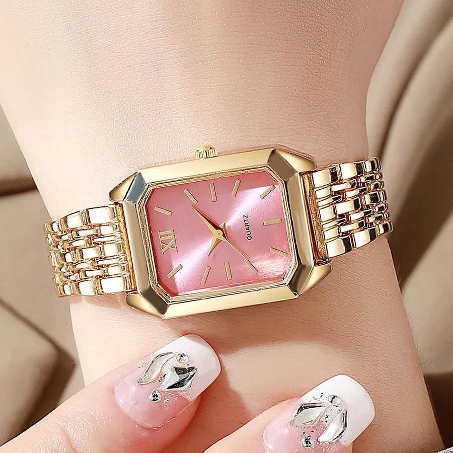 Luxury Women's Quartz Watch Set Fashion Alloy Band Business Ladies Watches Square Quality Gold Plated Folding Female Clock