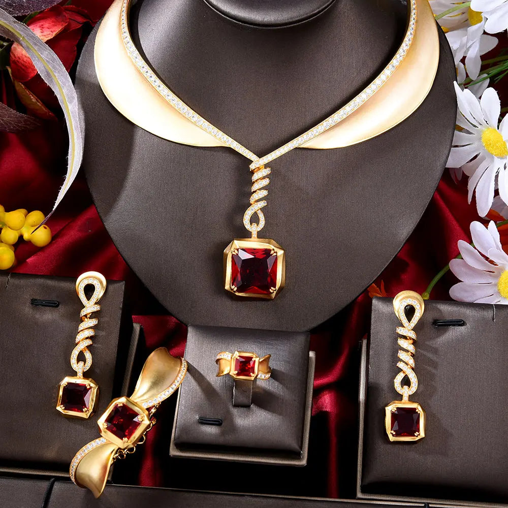 Famous Brand 4PCS Green CZ Luxury African Jewelry Set For Women Wedding Party Zircon Crystal Dubai Bridal Jewelry Set Gift