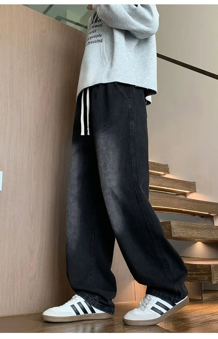 Calças masculinas casuais, calças retas soltas, primavera verão, nova moda, jeans masculinos de cintura alta com pernas largas