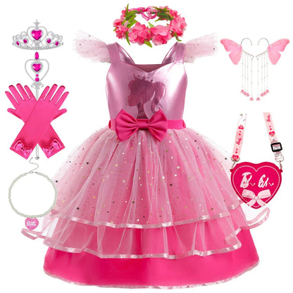 Princess Girls Rosy Movie Tutu Dress for Girl Letter B Birthday Party New Year Christmas Costumes Margot Ken Robbie