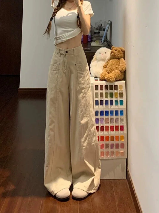 Botvotee Retro American Beige Denim Jeans for Women streetwear baggy High Waisted Flare 1950s/1960s Jeans Vintage Cargo Pants