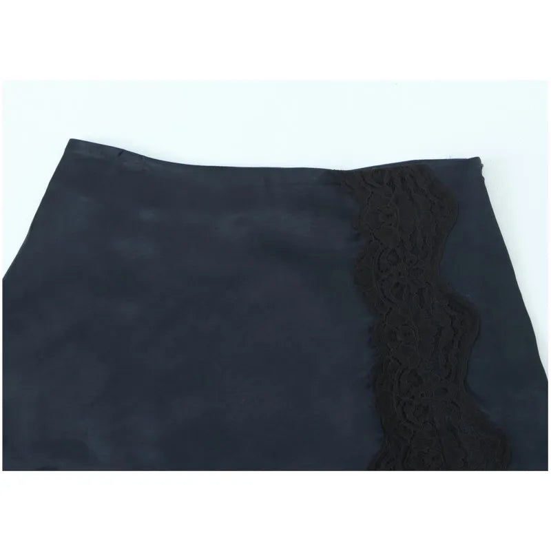 Women Satin Mini Skirt with Lace Spring Summer Mid Waist Women's Asymmetric Hem Skirt Side zip Women's Chic Skirts