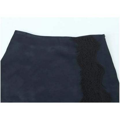 Women Satin Mini Skirt with Lace Spring Summer Mid Waist Women's Asymmetric Hem Skirt Side zip Women's Chic Skirts