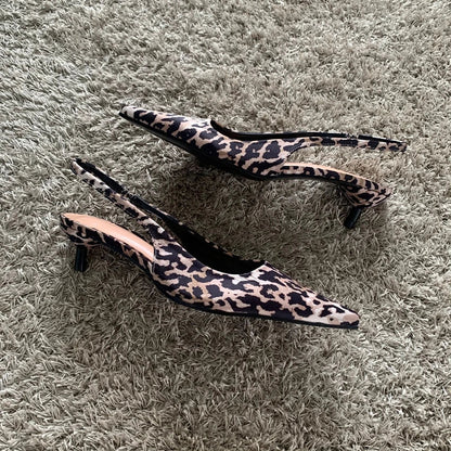 Woman Leopard Print High Heels Women Sandals Summer Fashion Pointed Toe Low-heel Pumps Slingbacks Elegant Female Heeled Shoes