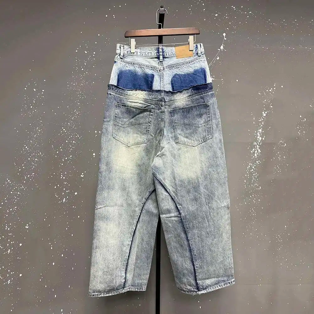 Niche Colorblock Patchwork Wide Leg Blue Jeans Men's Spring 2025 New Straight Double Waist Design Denim Trousers 28W6048