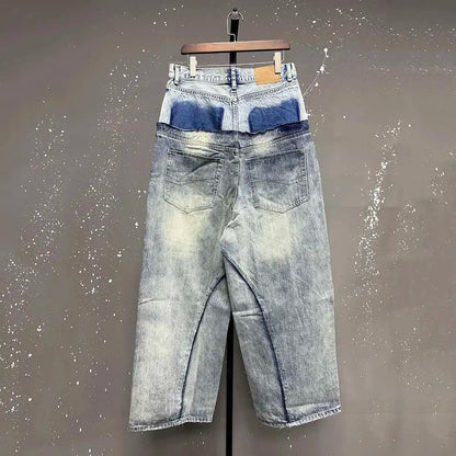 Niche Colorblock Patchwork Wide Leg Blue Jeans Men's Spring 2025 New Straight Double Waist Design Denim Trousers 28W6048