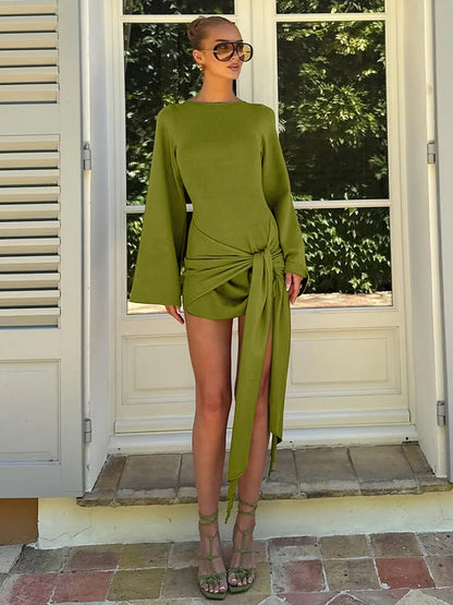 Autumn Fashion Elegant O-Neck Long Sleeve Slim Fit Lace Up Mini Dress Ladies Solid Casual Clothes Party Club Outfit