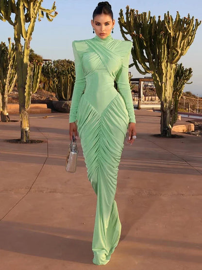 Autumn New Style Maxi Dress Women Turtleneck Full Sleeve Backless Skinny Stretch  Prom Party Ruched Elegant Vestidos
