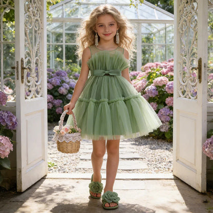 Summer Ruffles Bridesmaids Party Girls Dress Elegant Bow Wedding Birthday Princess Dresses Girl Tulle Pageant Evening Costumes
