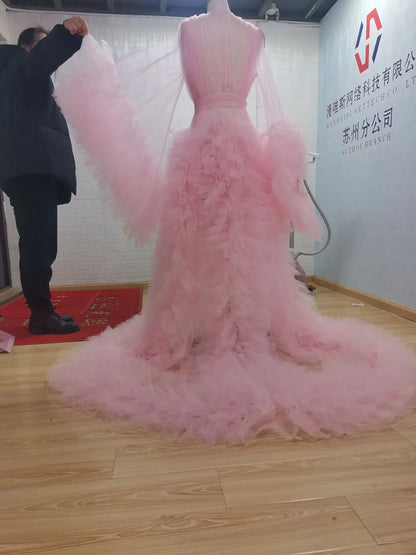 Unique Prom Dresses Custom Made Tulle Maternity Robes Women Photoshoot Evening Gowns Fluffy Tiered Tulle Robe Formal Party Dress