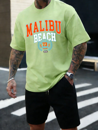 Malibu Beach 73 Usa Printing T-Shirt Mens Cotton T Shirts O-Neck Summer Basics Clothes Casual Trendy All-Match Short Sleeve