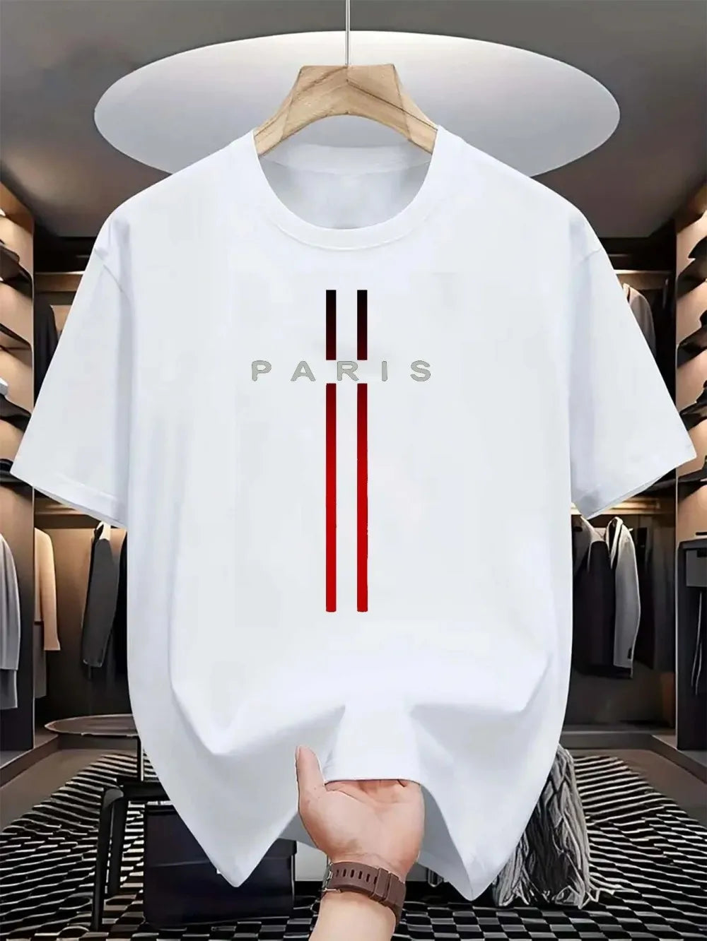 Men's new polyester fabric comfortable and breathable round neck T-shirt Paris letter printed pattern outdoor casual top