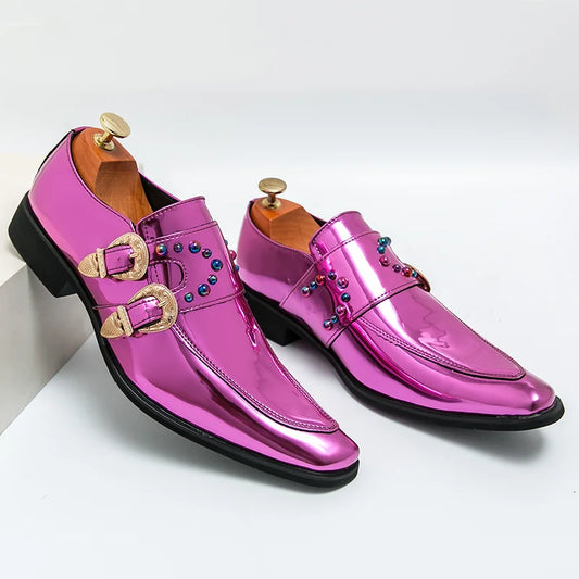 Pink Mens Patent Leather Shoes Designer High Quality Pointed Chelsea Formal Shoes Man Dress Wedding Party Shoes Men