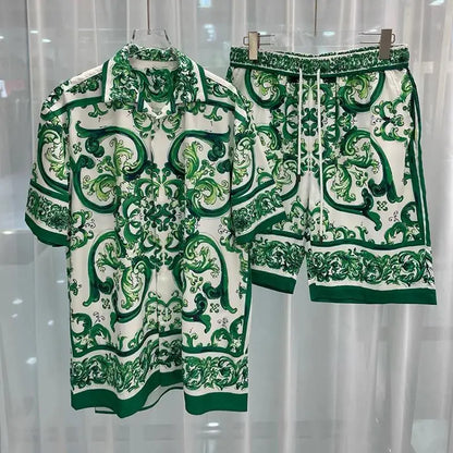 Verão 2025 Estampa Digital Casual Camisa Masculina de Manga Curta e Shorts Conjunto Camisa Havaiana Moda Jovem Transfronteiriça Roupas Masculinas
