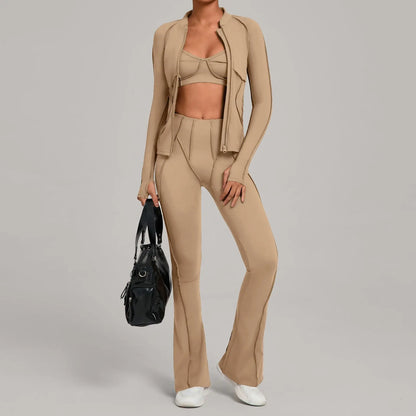 Gym Casual Yoga Set for Women Outdoor Running Fitness Outfit Autumn Winter Tight Sports Three-Piece Set Zipper Coat+bras+pants