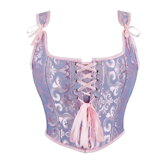 Women Vintage Jacquard Corset Crop Top Gothic Lace-Up Overbust Bustier Vest Tank Bodice Body Shaper Corselet Fashion