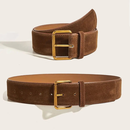 Women Luxury Design Suede Leather Wide Belt Casual Versatile Business Waist Strap Trendy Pin Buckle Waistband