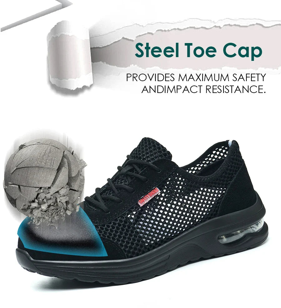 Men's Summer Steel Toe Safety Shoes Anti-Crush And Piercing Breathable Lightweight Outdoor Pure Black Work Shoes
