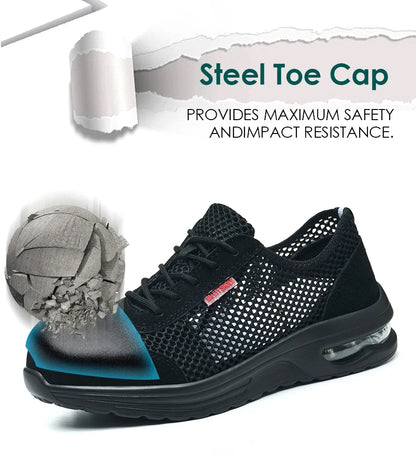 Men's Summer Steel Toe Safety Shoes Anti-Crush And Piercing Breathable Lightweight Outdoor Pure Black Work Shoes