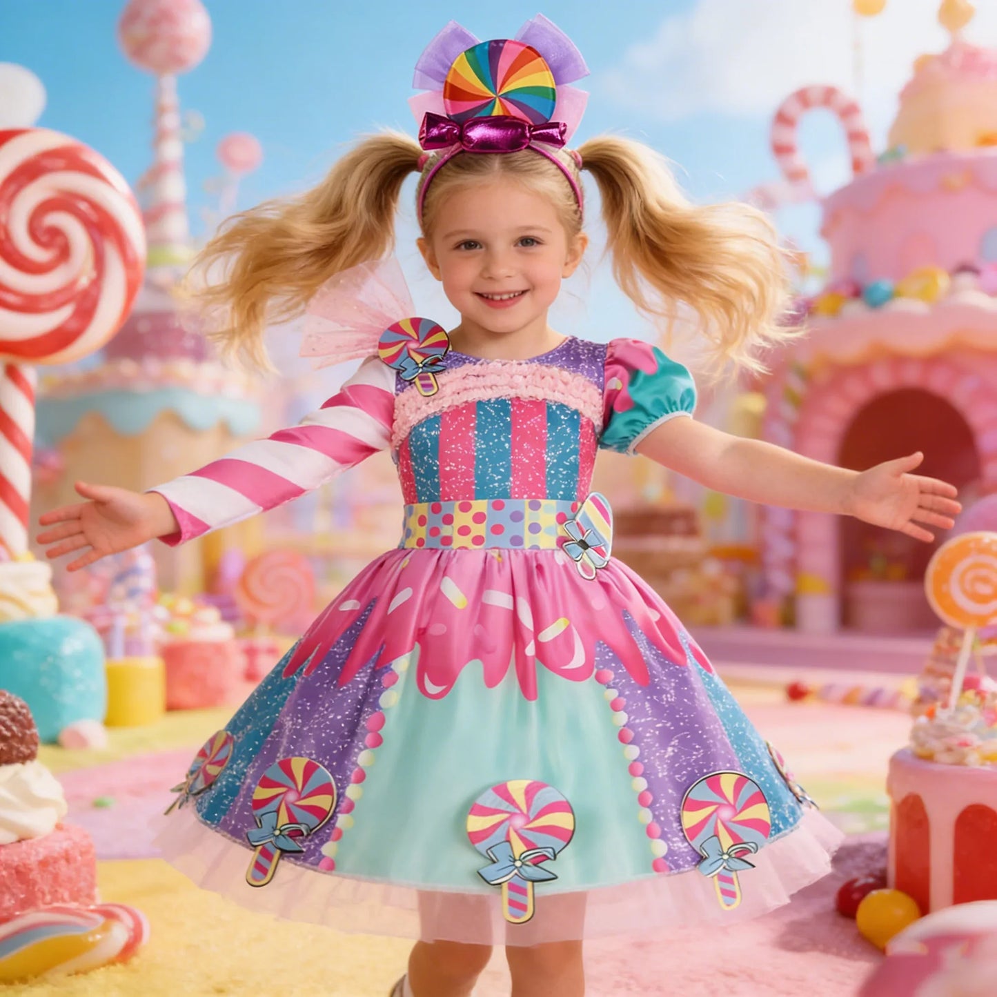 New Candy Dress Lollipop Cosplay Costume Rainbow Dress Carnival Purim Party Princess Dress Long Short Sleeves Candies Dresses