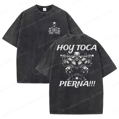 Calacas Chidas Gym Washed T-Shirts Men's Trendy Cool Skeleton & Gym Print Oversized Tshirt Summer Tees Streetwear Casual Tops