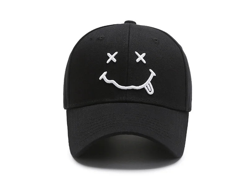 Women's Smiley Face Embroidery Baseball Caps Kpop Black Cotton Adjustable