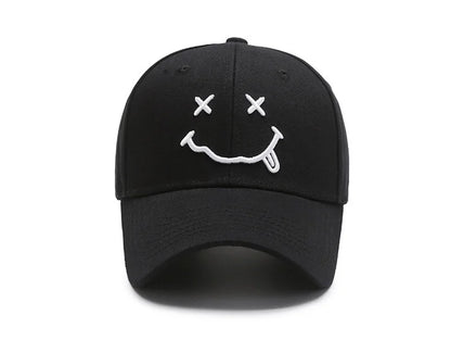 Women's Smiley Face Embroidery Baseball Caps Kpop Black Cotton Adjustable