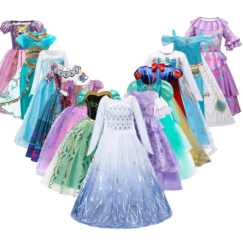 Vestido de Criança Branca de Neve Cinderela Aurora Anna Elsa Fantasia Menina Cosplay Vestido Infantil Encanto Mirabel Pequena Sereia Roupas de Halloween