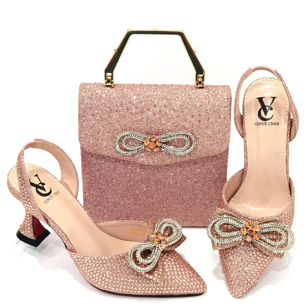 Rhinestone Bow Side Empty Party High Heels Pointed Toe Stiletto Heels Silver Women's Shoes And Bags