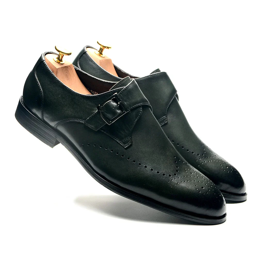 Elegant Men's Monk Strap Dress Shoes Genuine Leather Single Buckle Green Black Loafer Brogue for Party Wedding Formal Occasions