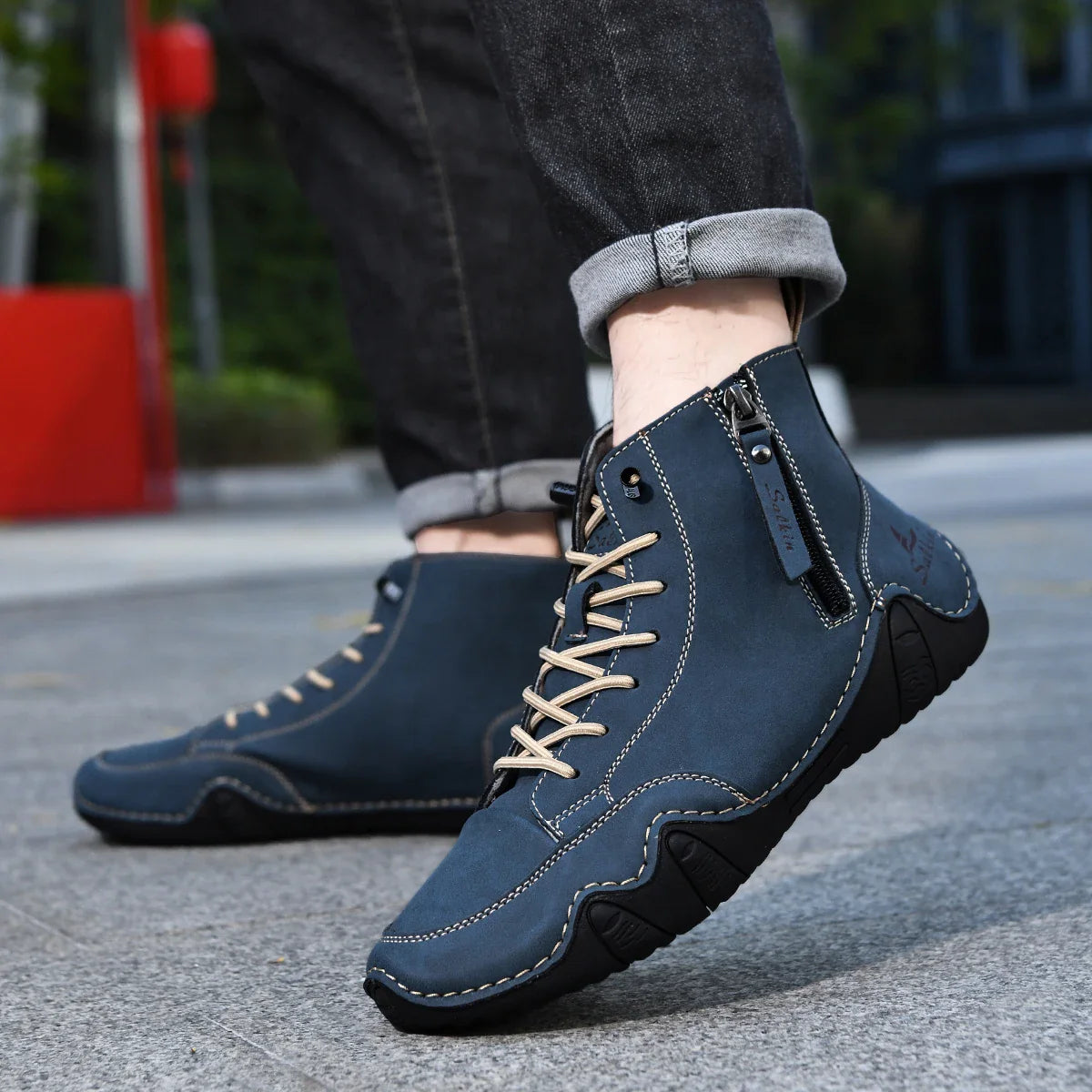 New 2025 Handmade Casual Shoes Men Sneakers Ankle Boots Leather Side Zipper Comfortable Breathable Anti-Slip Outdoor Walking