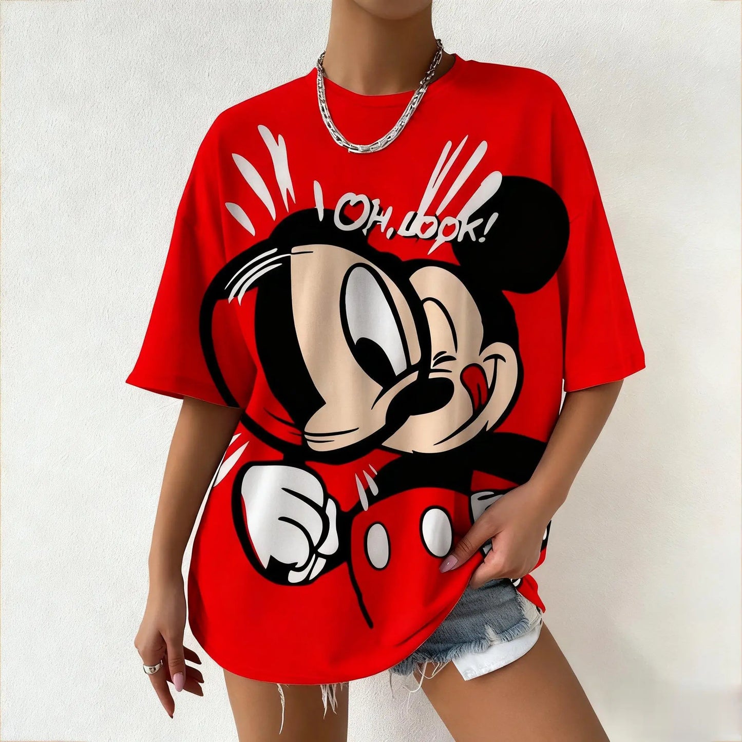 Summer Mickey Mouse Oh Look Printed Women Tshirt Cartoon Graphic Tee Oversized Vintage Streetwear Fashion Y2k Tops