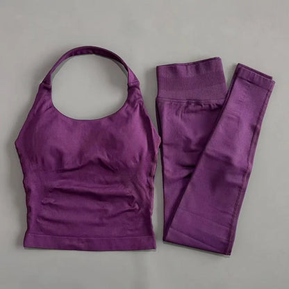 2 Piece Active Set Women Open Back Halter Top Peach Butt Lifting Leggings Seamless Soft Stretchy Gym Yoga Fitness Outfits