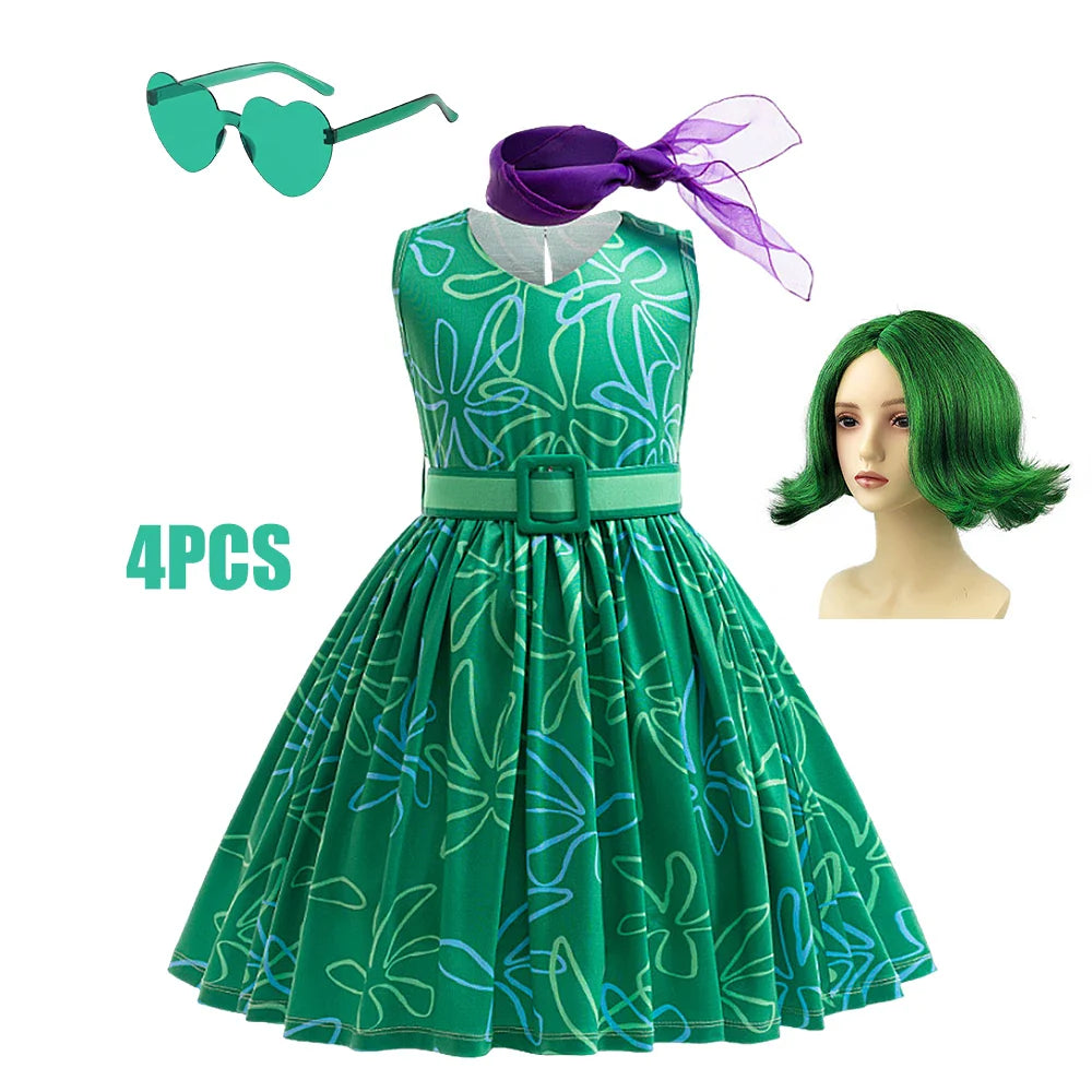 3PCS Full Printing Green Dress for Kids Girl Cosplay Dress+Scarf +Belt Disgust Costume Halloween Disguise Party Joy Clothing