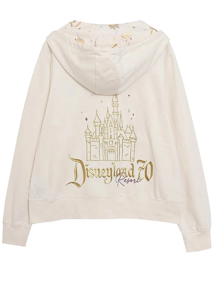70th Anniversary Castle Mickey Mouse Letter Print Embroidery Fleece Sweatshirt Unisex Women Zip Up Jacket Jumper Tops