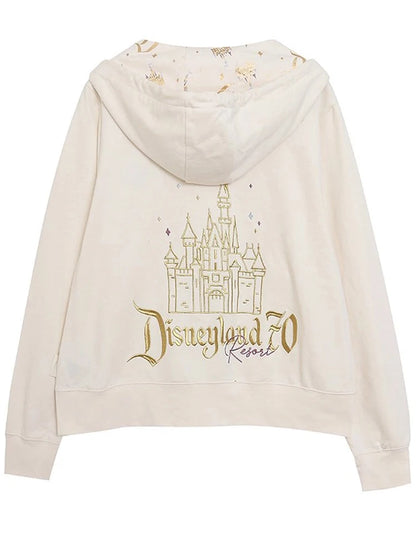 70th Anniversary Castle Mickey Mouse Letter Print Embroidery Fleece Sweatshirt Unisex Women Zip Up Jacket Jumper Tops