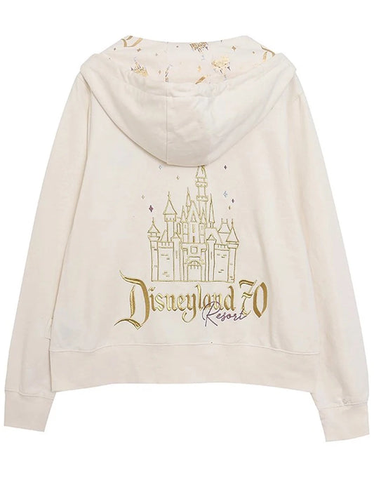 70th Anniversary Castle Mickey Mouse Letter Print Embroidery Fleece Sweatshirt Unisex Women Zip Up Jacket Jumper Tops