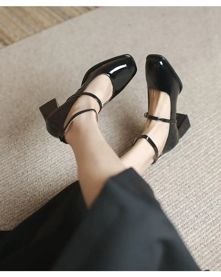 2024 New Mary Jane Shoes High Quality Leather Shoes Shallow Square Toe Womens Sandals Buckle Strap Women's Pumps