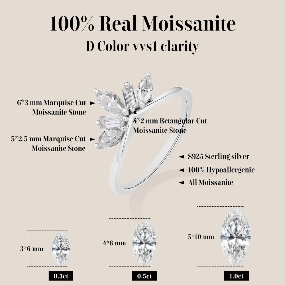 Luxury Sparkling Marquise Rectangle Moissanite Curved Ring S925 Silver for Women party Daily Jewelry Gifts Anniversary