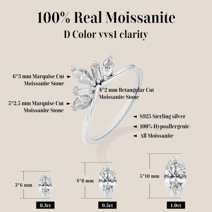 Luxury Sparkling Marquise Rectangle Moissanite Curved Ring S925 Silver for Women party Daily Jewelry Gifts Anniversary