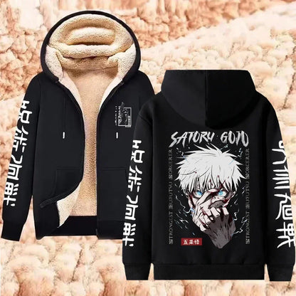 Jaqueta com Zíper Quente Gojo Satoru Anime Moletom Grosso Masculino Feminino Lã de Cordeiro Casual Manga Longa Streetwear