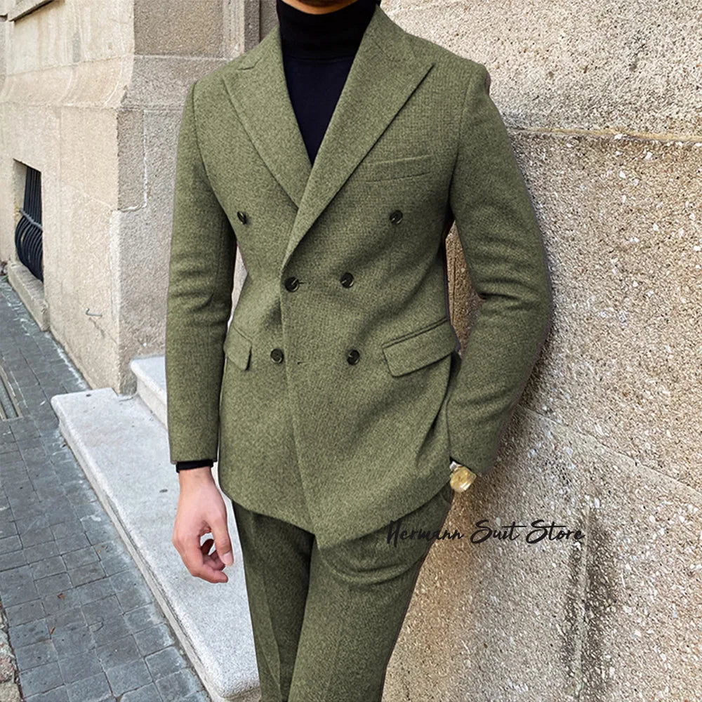 Wool Blend Men's 2 Piece Suit Set（Jacket+Pants) Double Breasted Lapel Suit Set Wedding  Prom Dinner Wrok Travel Dinner Banquet