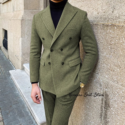 Wool Blend Men's 2 Piece Suit Set（Jacket+Pants) Double Breasted Lapel Suit Set Wedding  Prom Dinner Wrok Travel Dinner Banquet