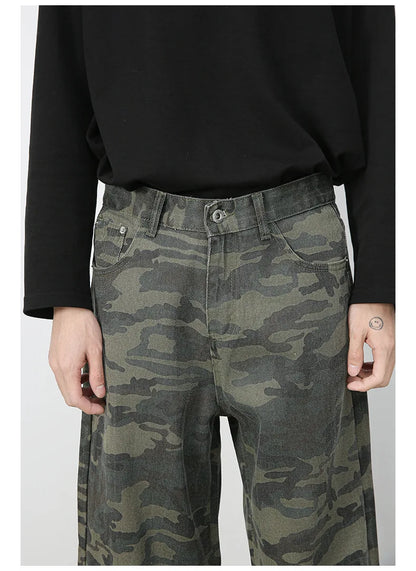 Tide Camouflage Jeans Men's Ins Loose Straight Wide Leg Casual Denim Pants Loose Male Trousers 12C2036