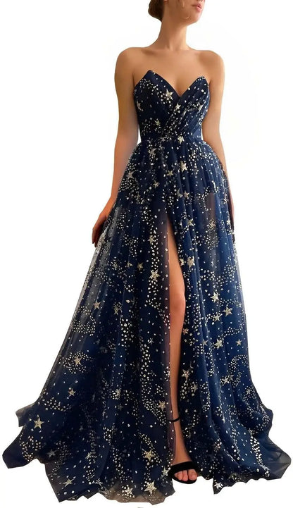 V Neck Luxury Women's Sparkle Starry Tulle Prom Dresses Strapless Slit Formal Evening Party Gowns Formal Dress Women Elegant